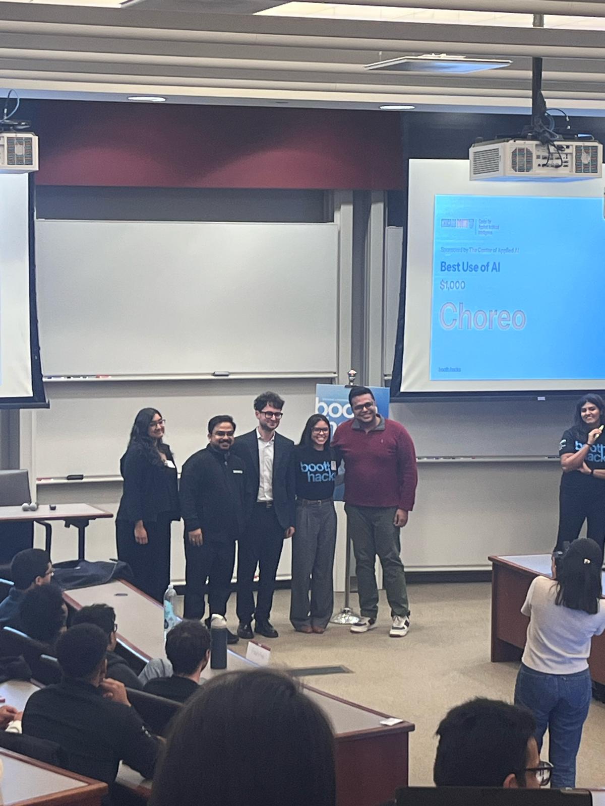 Choreo team — winning Best Use of AI and Most Likely to Become a Unicorn at the Booth Hackathon